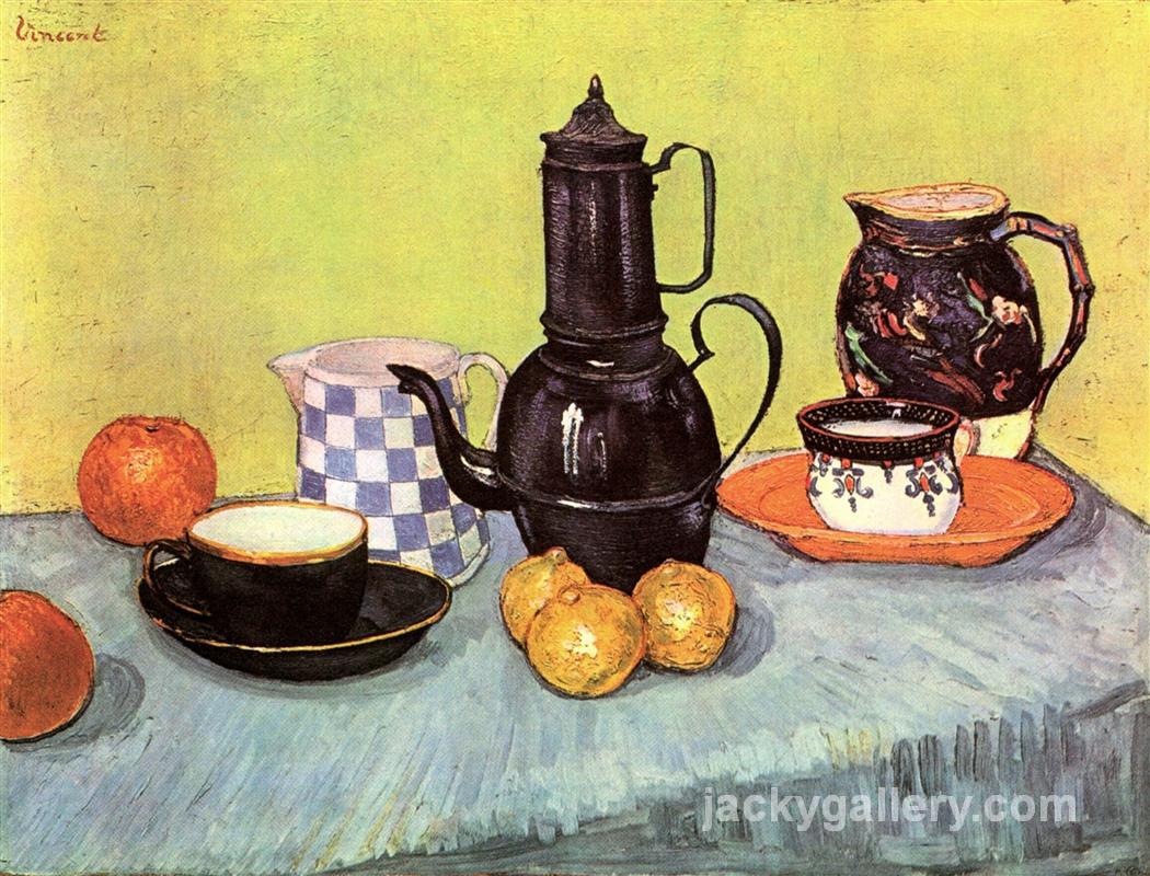 Still Life with Blue Enamel Coffeepot, Earthenware and Fruit, Van Gogh painting